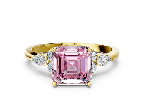 Yellow gold Fancy Pink Asscher Cut Brilliant Diamond Solitaire Ring with Pear Side Stones and Four-Prong Setting_3