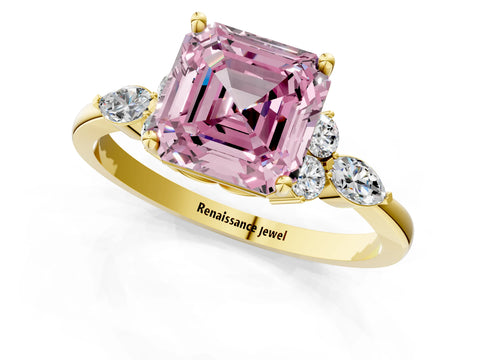 Yellow gold Fancy Pink Asscher Cut Brilliant Diamond Solitaire Ring with Pear Side Stones and Four-Prong Setting_4