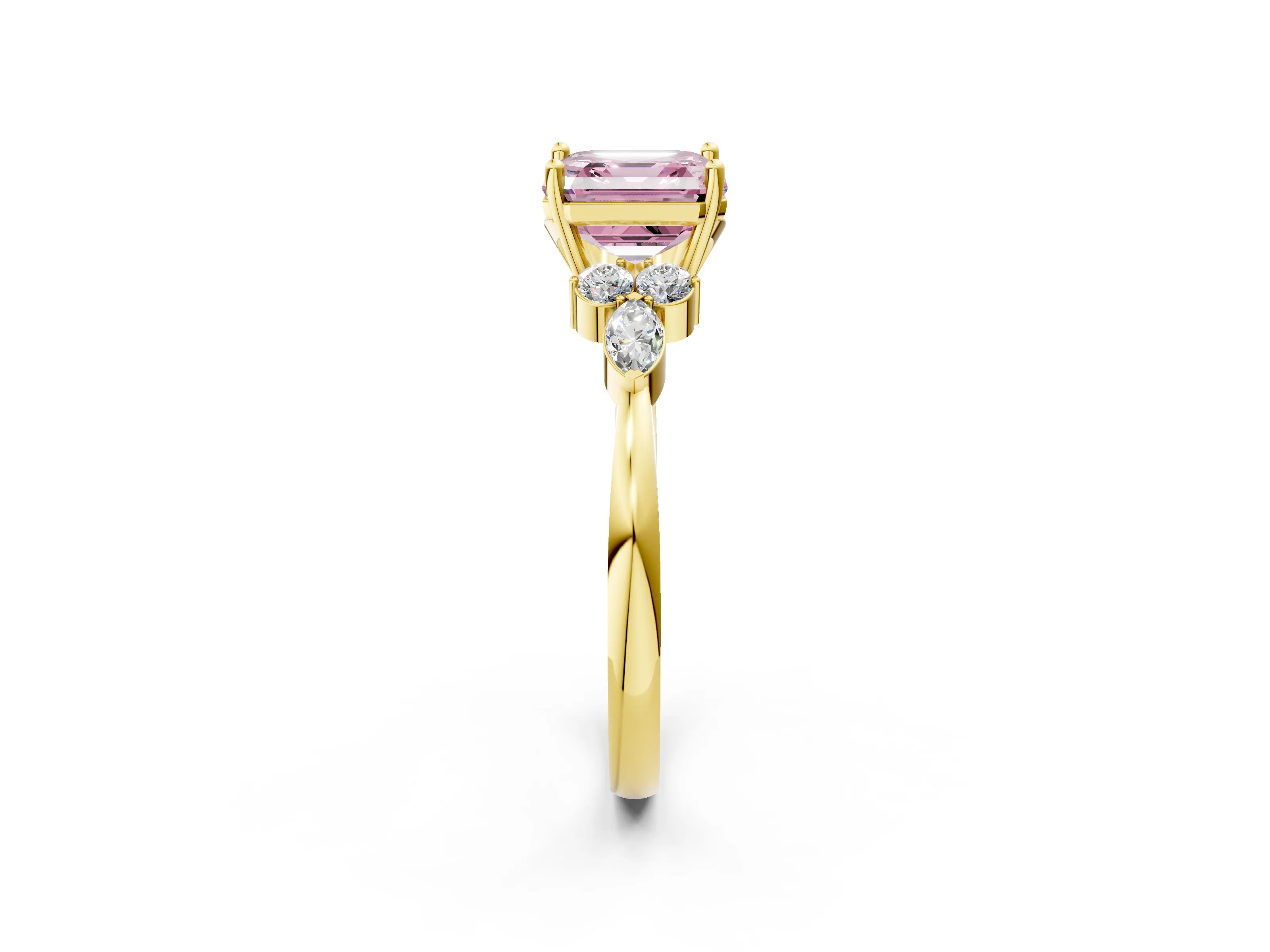 Yellow gold Fancy Pink Asscher Cut Brilliant Diamond Solitaire Ring with Pear Side Stones and Four-Prong Setting_5