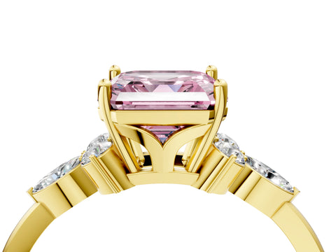 Yellow gold Fancy Pink Asscher Cut Brilliant Diamond Solitaire Ring with Pear Side Stones and Four-Prong Setting_7