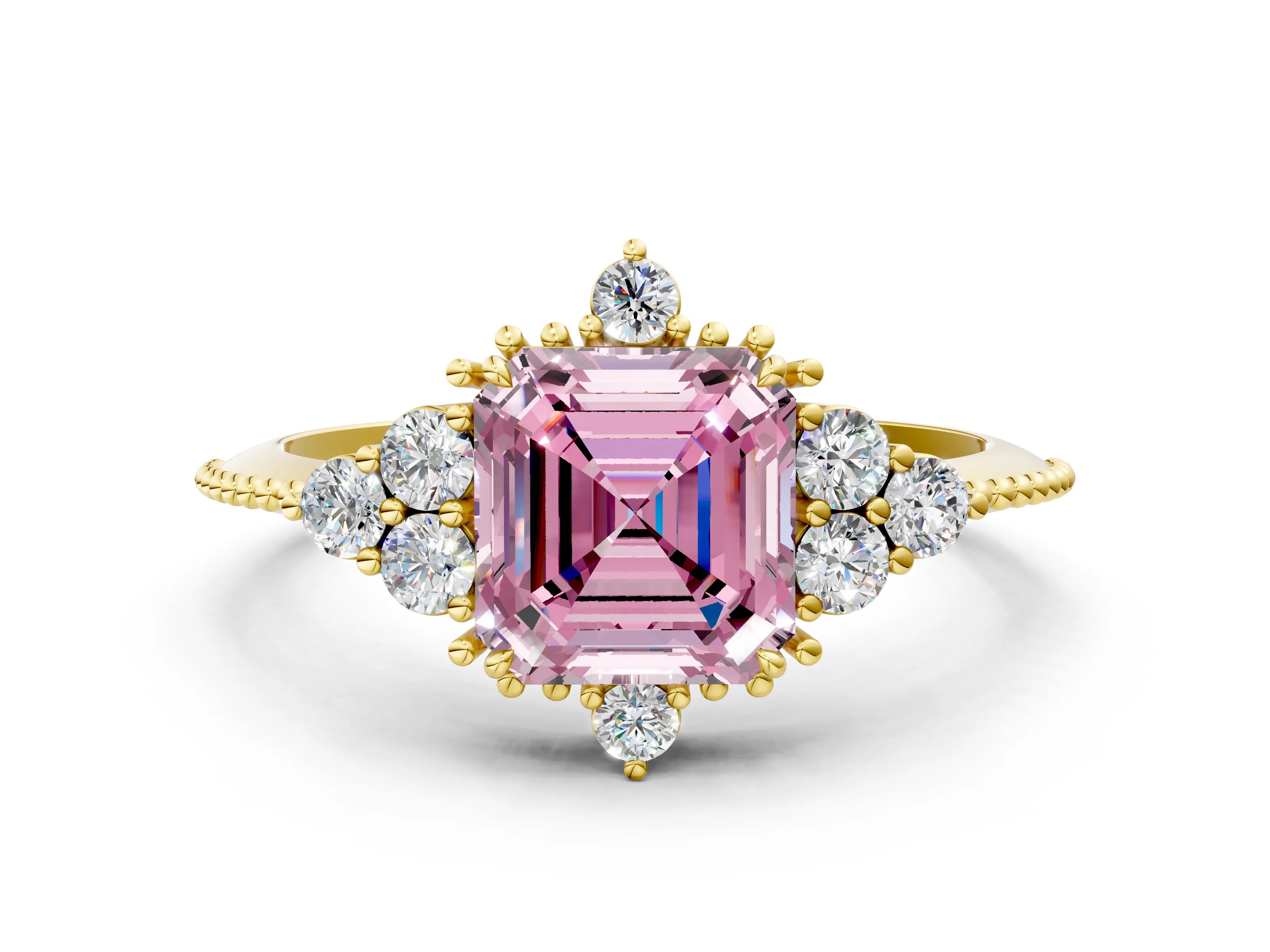 Yellow gold Fancy Pink Asscher Cut Brilliant Diamond with Cluster Setting on a Beaded Band and Four-Prong Setting