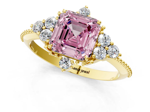 Yellow gold Fancy Pink Asscher Cut Brilliant Diamond with Cluster Setting on a Beaded Band and Four-Prong Setting_1