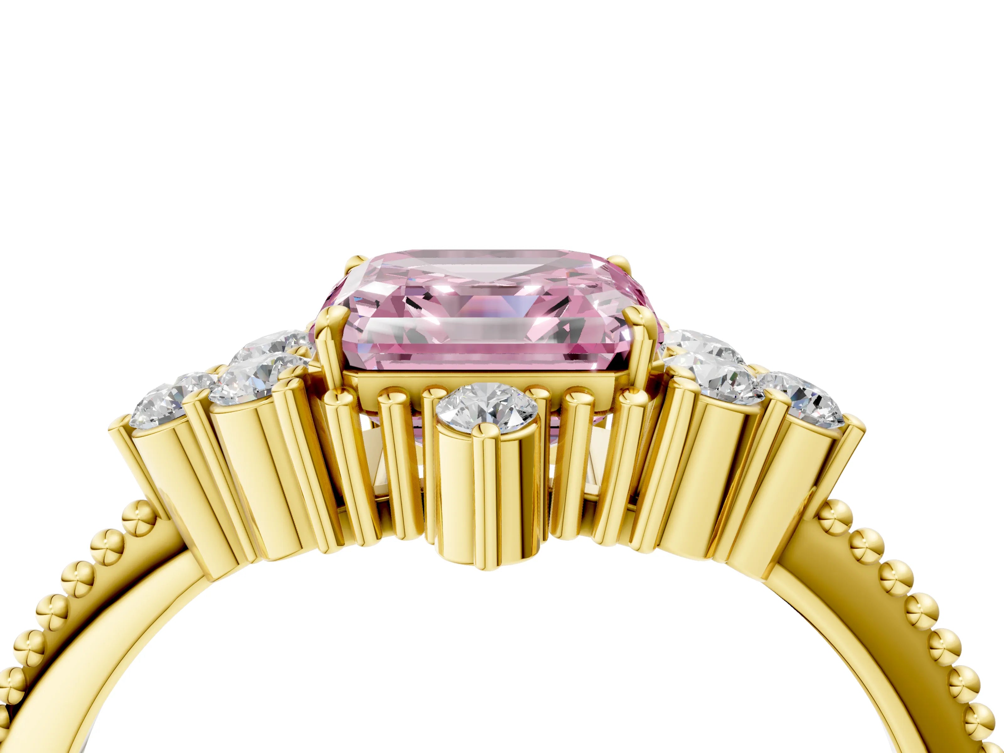 Yellow gold Fancy Pink Asscher Cut Brilliant Diamond with Cluster Setting on a Beaded Band and Four-Prong Setting_4