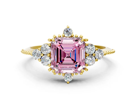 Yellow gold Fancy Pink Asscher Cut Brilliant Diamond with Cluster Setting on a Beaded Band and Four-Prong Setting