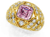 Yellow gold Fancy Pink Asscher Cut Brilliant Halo Pave Diamond Milgrain Ring_1