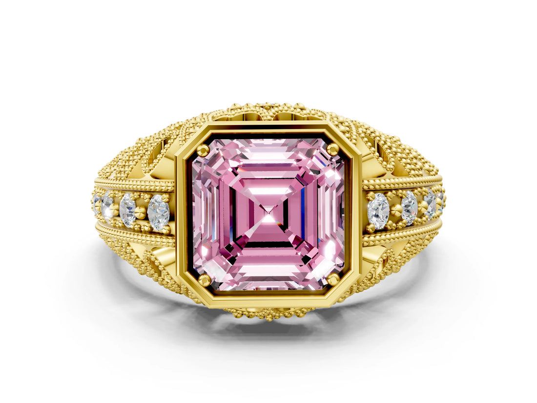Yellow gold Fancy Pink Asscher Cut Brilliant Milgrain Filigree Diamond Ring with Square Prong Setting