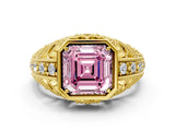 Yellow gold Fancy Pink Asscher Cut Brilliant Milgrain Filigree Diamond Ring with Square Prong Setting