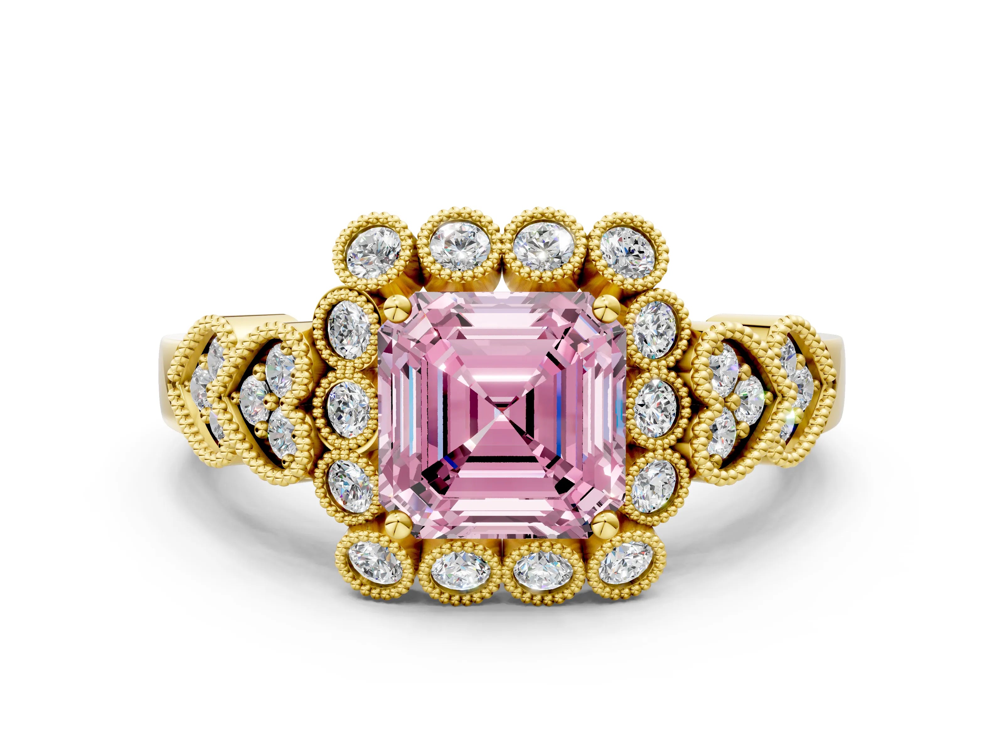 Yellow gold Fancy Pink Asscher Cut Brilliant Milgrain Pave Heart Band Solitaire Ring