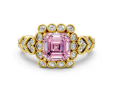 Yellow gold Fancy Pink Asscher Cut Brilliant Milgrain Pave Heart Band Solitaire Ring