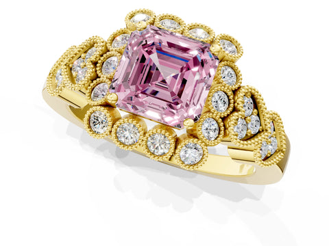 Yellow gold Fancy Pink Asscher Cut Brilliant Milgrain Pave Heart Band Solitaire Ring_1