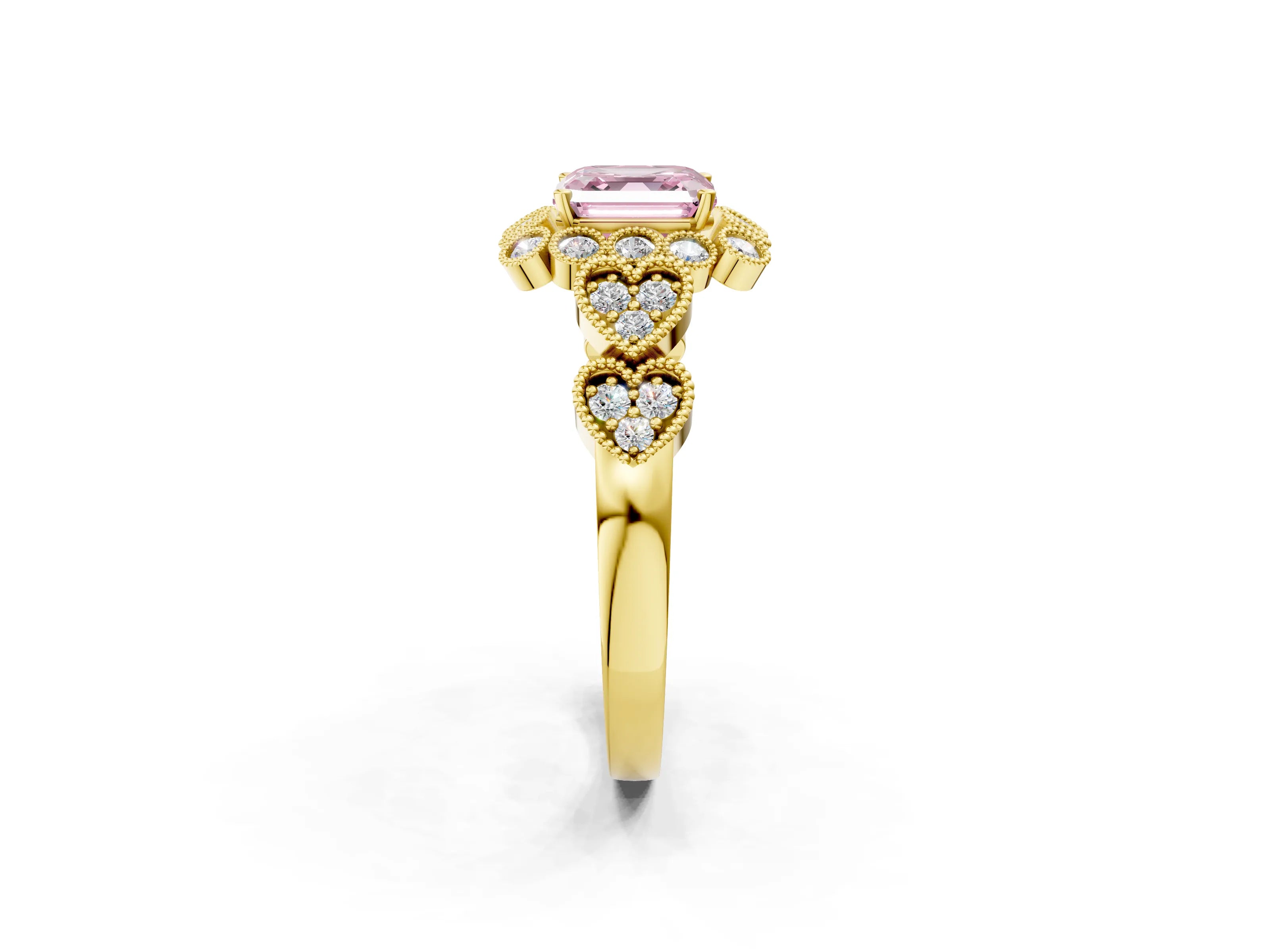 Yellow gold Fancy Pink Asscher Cut Brilliant Milgrain Pave Heart Band Solitaire Ring_2