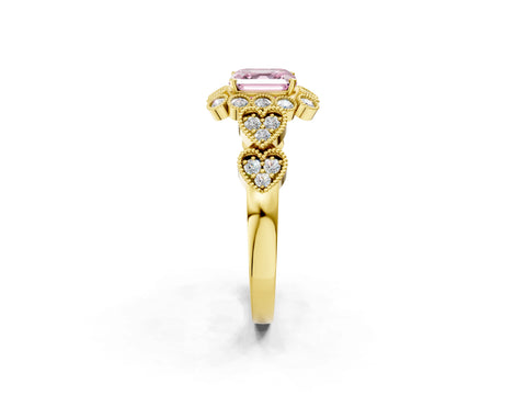 Yellow gold Fancy Pink Asscher Cut Brilliant Milgrain Pave Heart Band Solitaire Ring_2