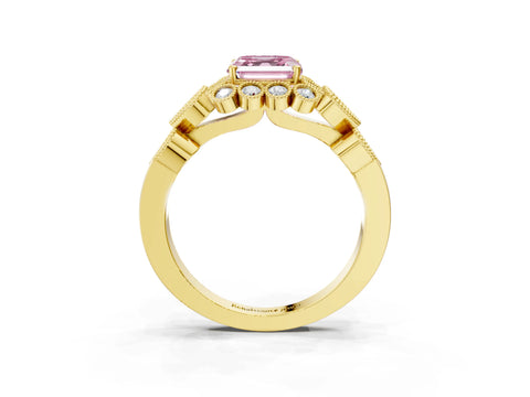 Yellow gold Fancy Pink Asscher Cut Brilliant Milgrain Pave Heart Band Solitaire Ring_3