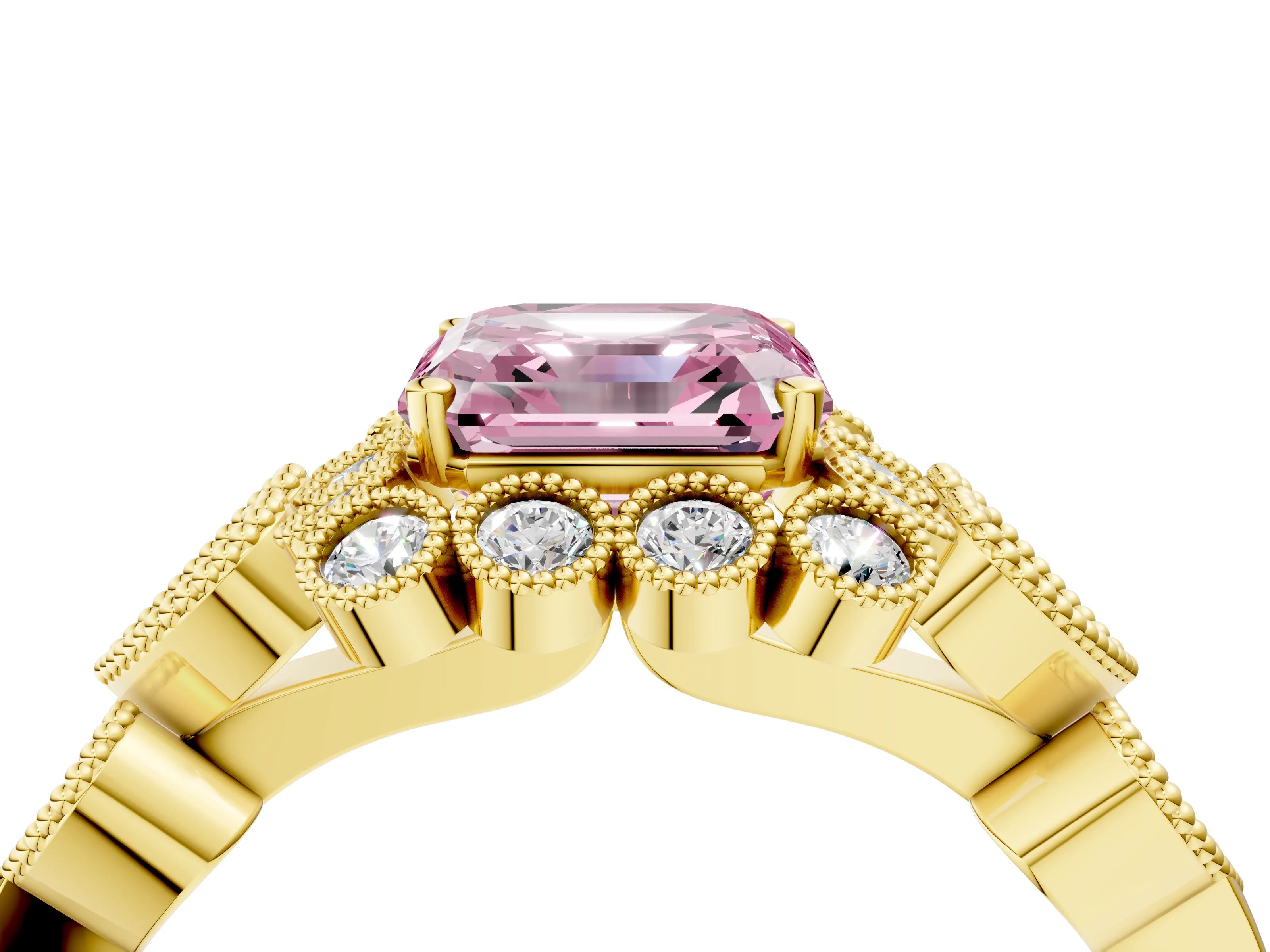 Yellow gold Fancy Pink Asscher Cut Brilliant Milgrain Pave Heart Band Solitaire Ring_4