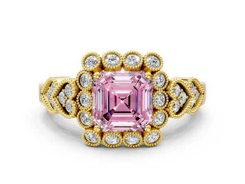 Yellow gold Fancy Pink Asscher Cut Brilliant Milgrain Pave Heart Band Solitaire Ring