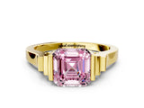 Yellow gold Fancy Pink Asscher Cut Brilliant Solitaire Diamond Ring with Channel Set Band and Bar Prong Setting