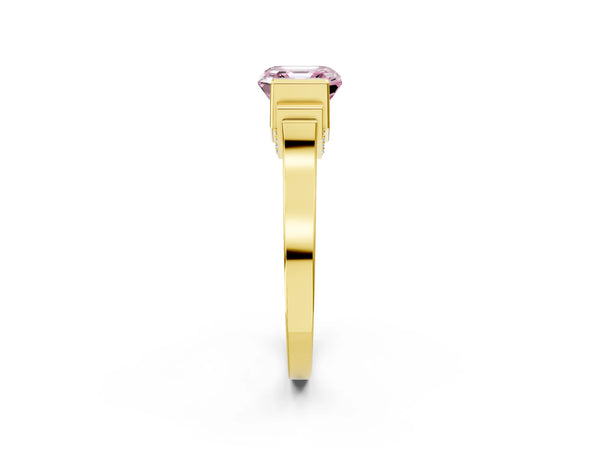 Yellow gold Fancy Pink Asscher Cut Brilliant Solitaire Diamond Ring with Channel Set Band and Bar Prong Setting