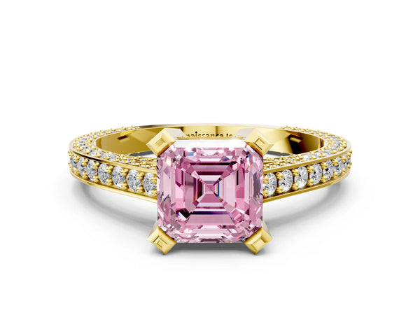 Yellow gold Fancy Pink Asscher Cut Brilliant Split Shank Pave Solitaire Ring with Four-Prong Setting