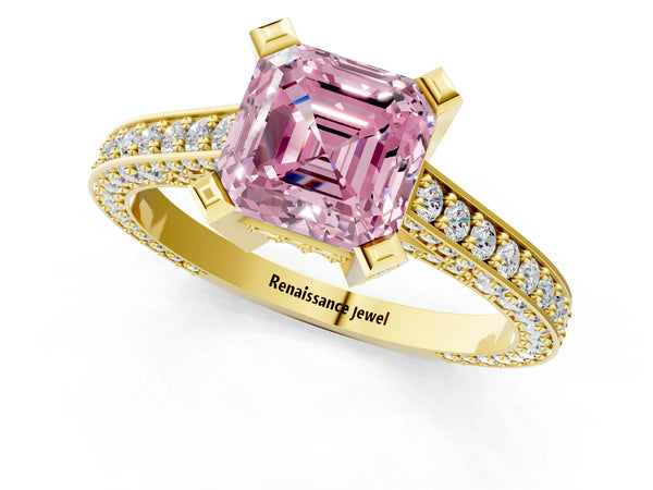 Yellow gold Fancy Pink Asscher Cut Brilliant Split Shank Pave Solitaire Ring with Four-Prong Setting