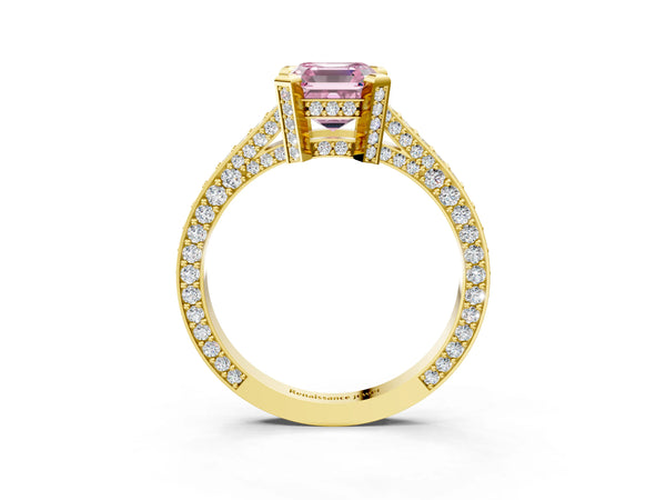 Yellow gold Fancy Pink Asscher Cut Brilliant Split Shank Pave Solitaire Ring with Four-Prong Setting