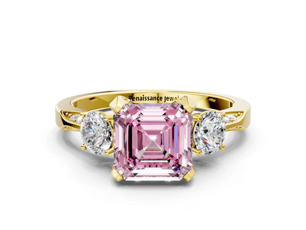 Yellow Gold Asscher Cut Three Stone Hidden Halo Engagement Ring Setting for Fancy Pink Center