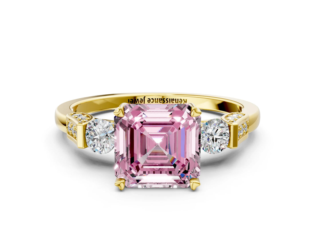 Yellow gold Fancy Pink Asscher Cut Brilliant Three-Stone Pave Band with Four-Prong Setting