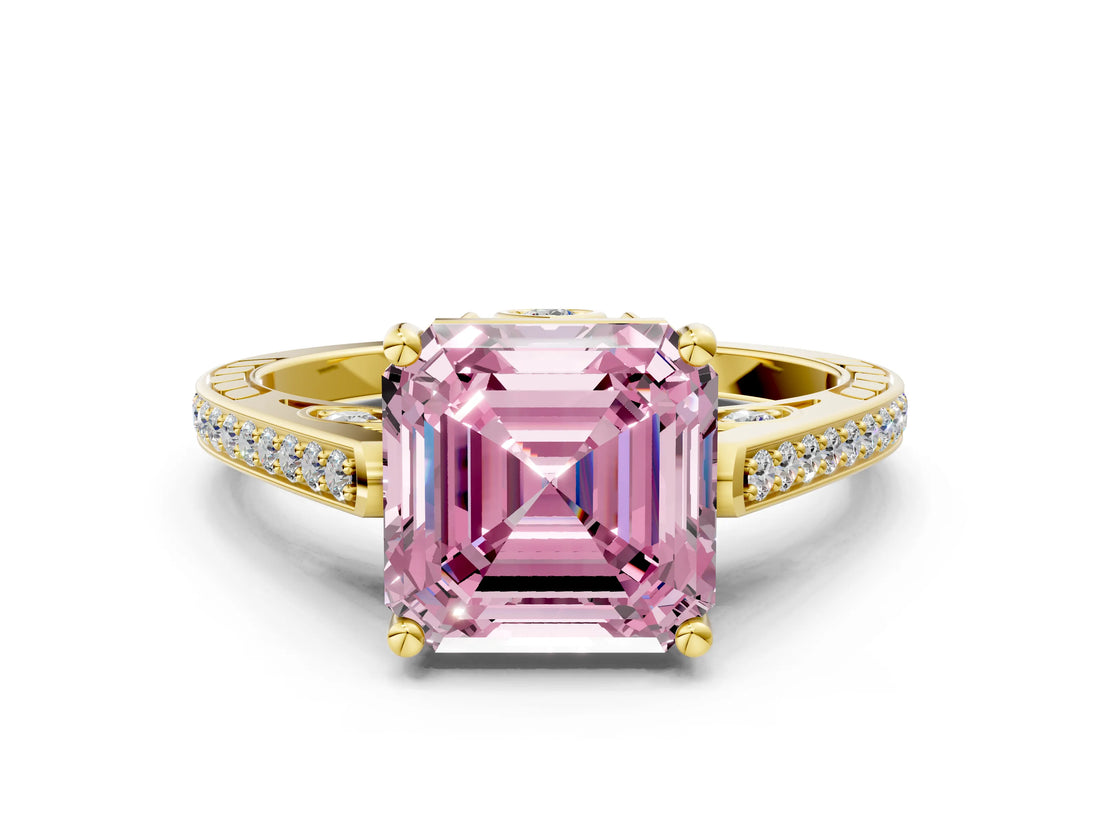 Yellow gold Fancy Pink Asscher  Cut Cathedral Pave Diamond Engagement Ring with Six-Prong Setting_32