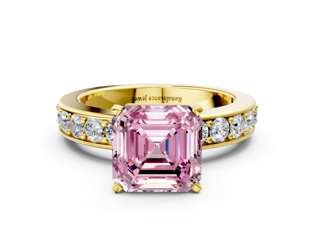Yellow gold Fancy Pink Asscher  Cut Channel Set Diamond Engagement Ring with Four-Prong Setting