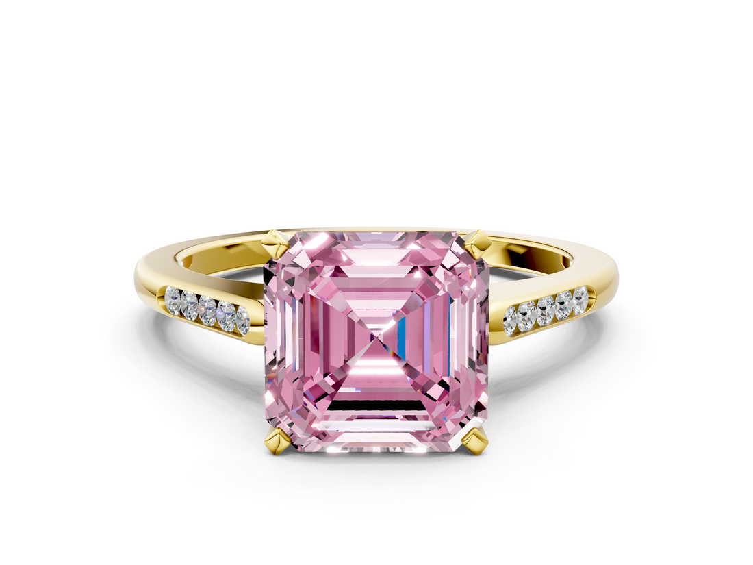Yellow gold Fancy Pink Asscher  Cut Channel Set Solitaire Engagement Ring with Four-Prong Setting