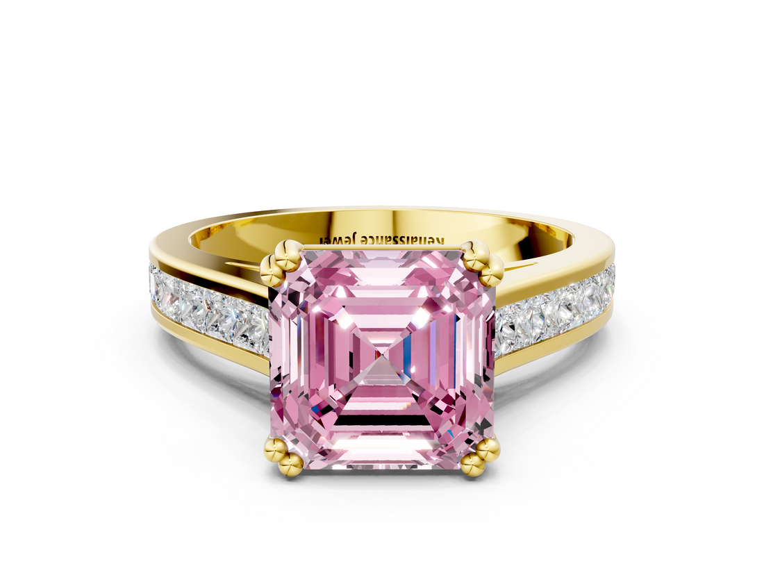 Yellow gold Fancy Pink Asscher  Cut Channel Set Solitaire Engagement Ring with Prong Setting