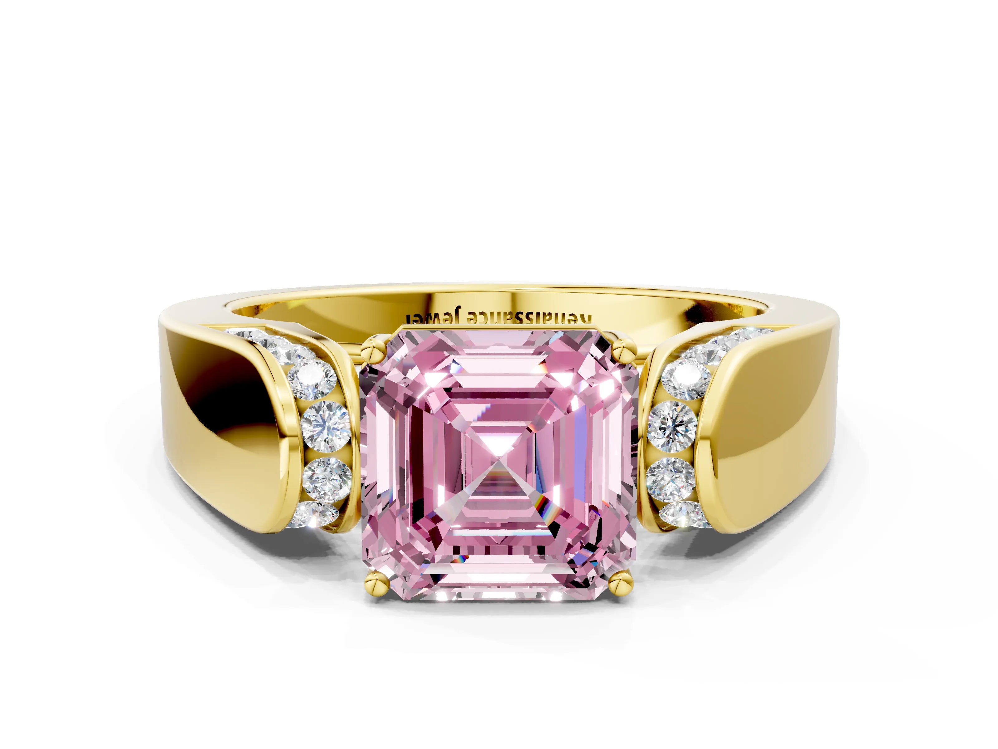 Yellow gold Fancy Pink Asscher Cut Cut Diamond Channel Set Solitaire Ring with Four-Prong Setting