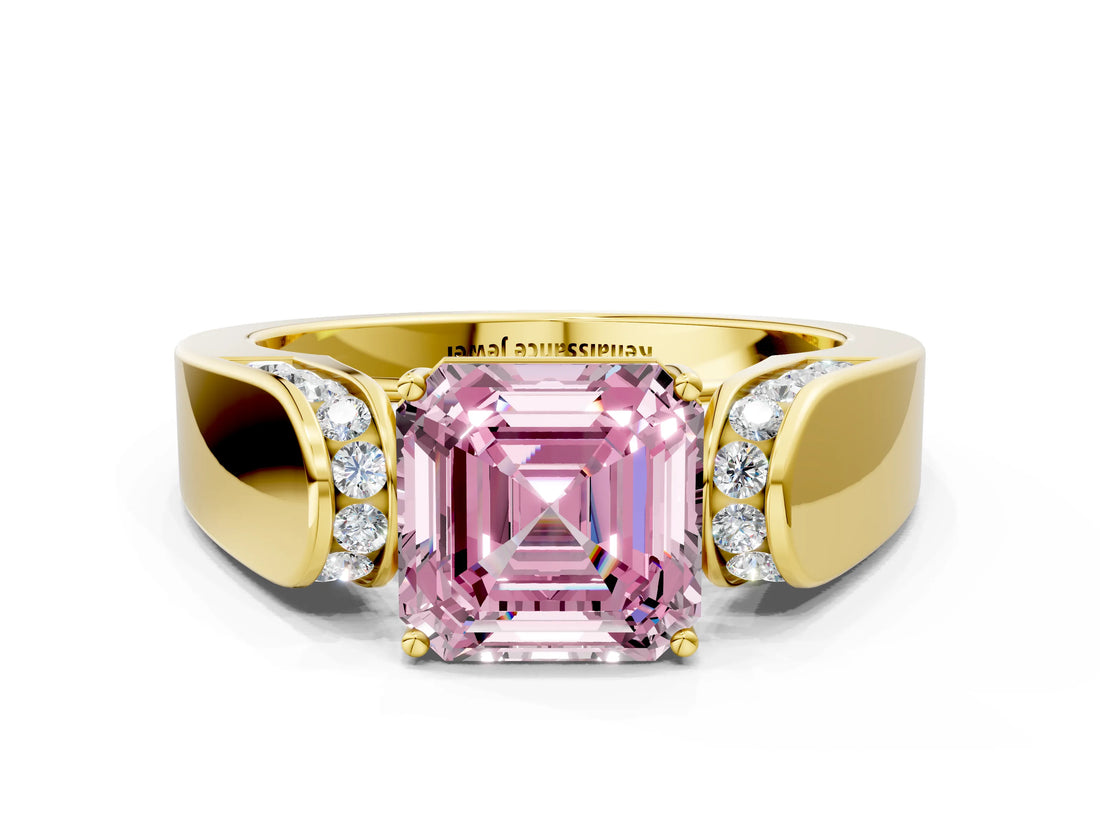 Yellow gold Fancy Pink Asscher Cut Cut Diamond Channel Set Solitaire Ring with Four-Prong Setting