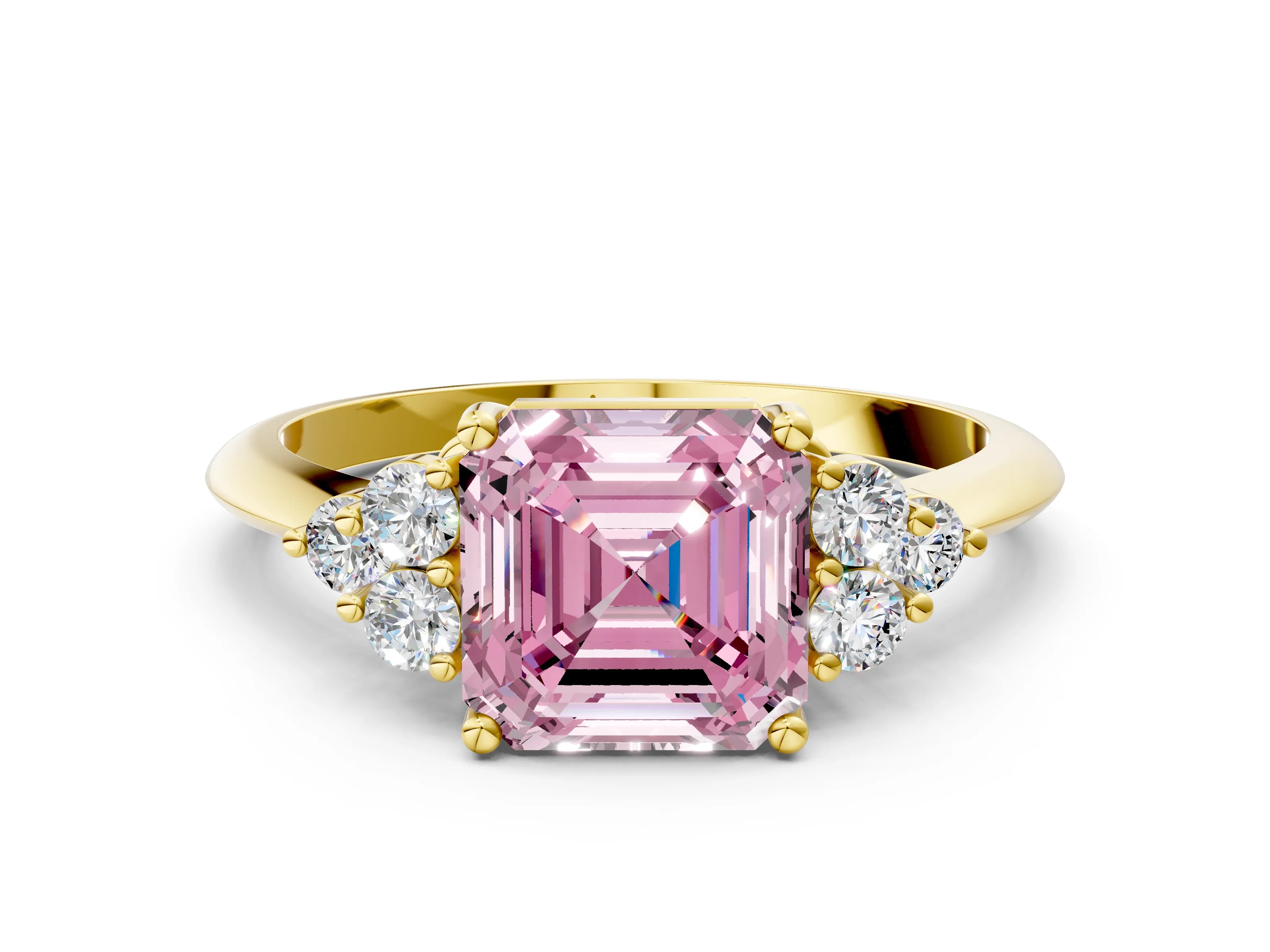 Yellow gold Fancy Pink Asscher Cut Cut Diamond Cluster Ring with Solitaire Band and Four-Prong Setting