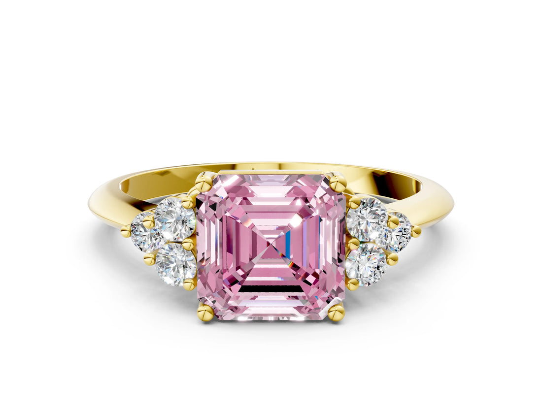 Yellow gold Fancy Pink Asscher Cut Cut Diamond Cluster Ring with Solitaire Band and Four-Prong Setting