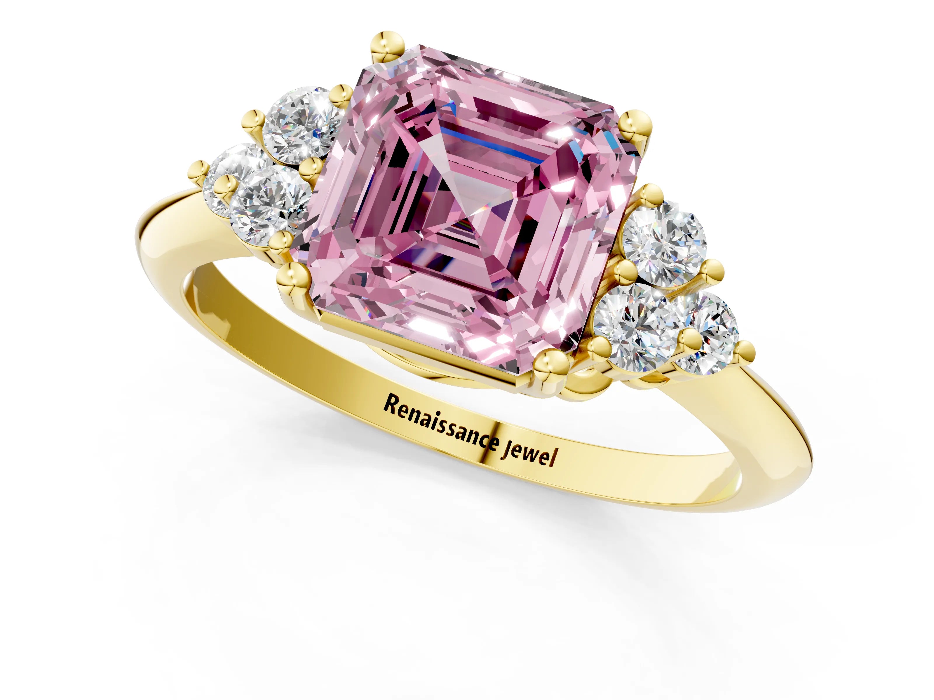 Yellow gold Fancy Pink Asscher Cut Cut Diamond Cluster Ring with Solitaire Band and Four-Prong Setting_1