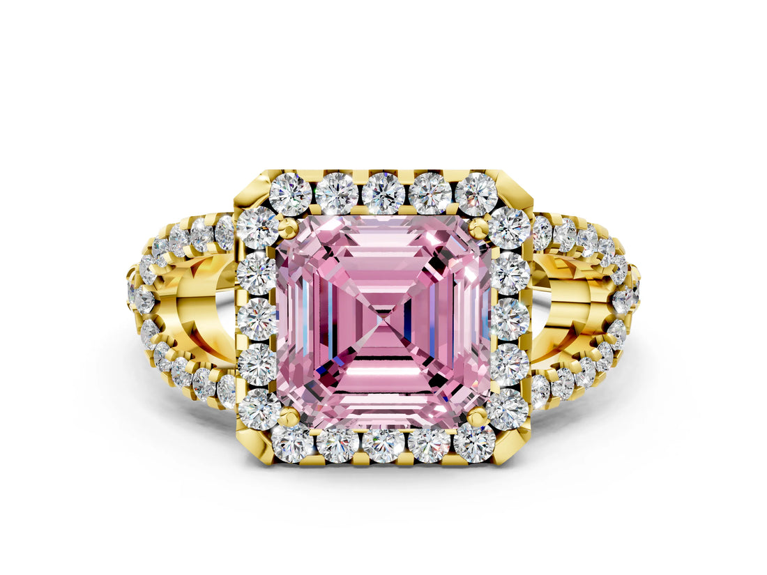 Yellow gold Fancy Pink Asscher Cut Cut Diamond Halo Engagement Ring with Open Split Pavé Band