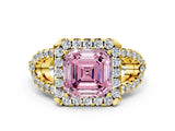 Yellow gold Fancy Pink Asscher Cut Cut Diamond Halo Engagement Ring with Open Split Pavé Band