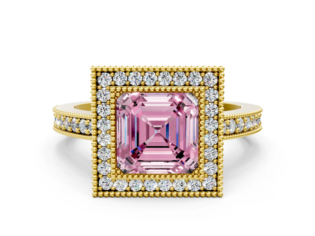 Yellow gold Fancy Pink Asscher Cut-Cut Diamond Halo Engagement Ring with Pave Band and Prong Setting