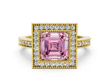 Yellow gold Fancy Pink Asscher Cut-Cut Diamond Halo Engagement Ring with Pave Band and Prong Setting