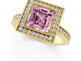 Yellow gold Fancy Pink Asscher Cut-Cut Diamond Halo Engagement Ring with Pave Band and Prong Setting_1