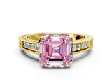 Yellow gold Fancy Pink Asscher Cut Cut Diamond Milgrain Pave Band Four-Prong Setting Ring_27