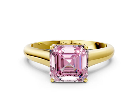 Yellow gold Fancy Pink Asscher Cut Cut Diamond Solitaire Engagement Ring with Tapered Plain Band and Four-Prong Setting