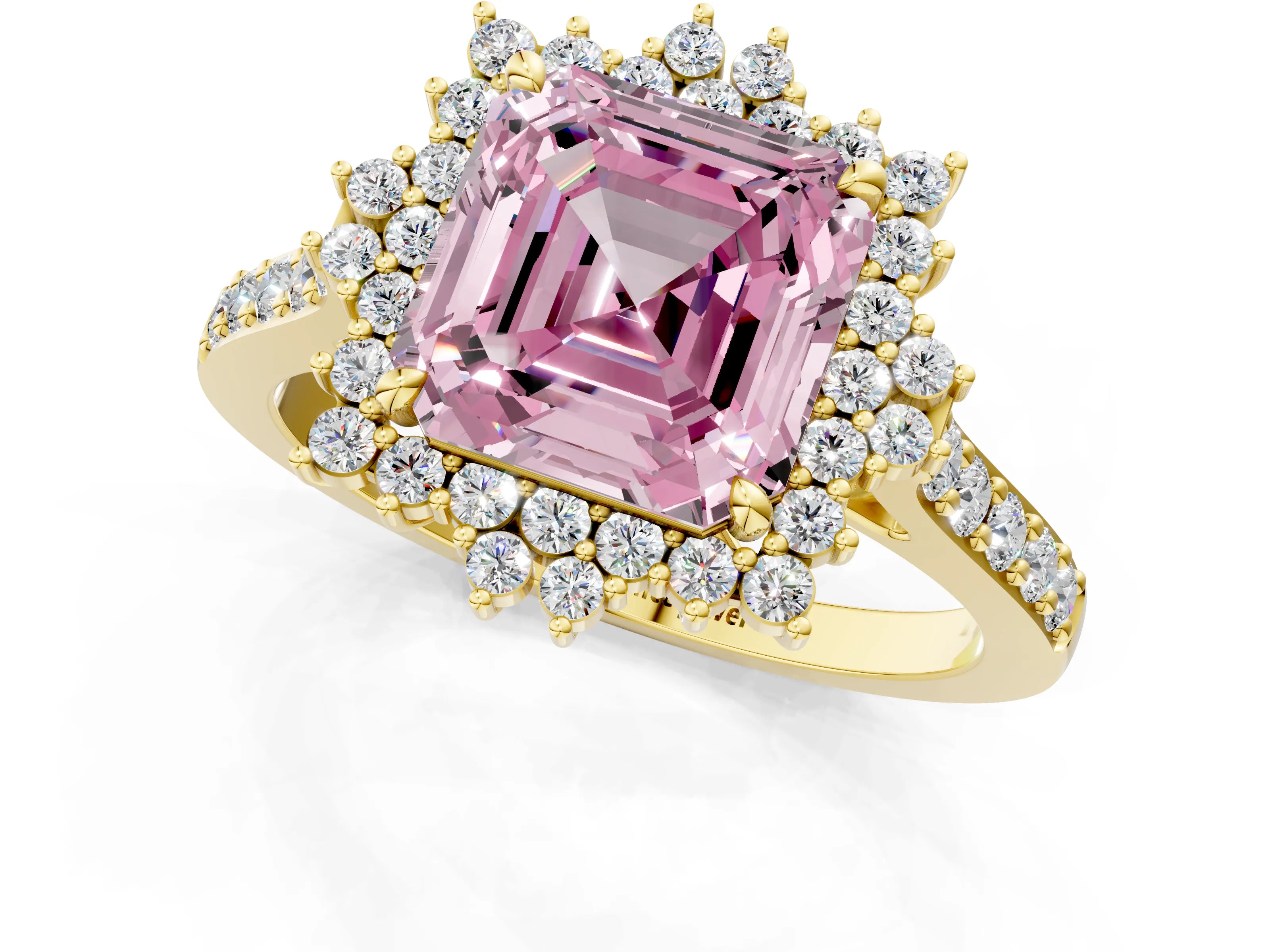 Yellow gold Fancy Pink Asscher Cut Cut Diamond Sunburst Halo Engagement Ring with Pavé Band_1