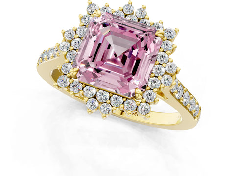 Yellow gold Fancy Pink Asscher Cut Cut Diamond Sunburst Halo Engagement Ring with Pavé Band_1