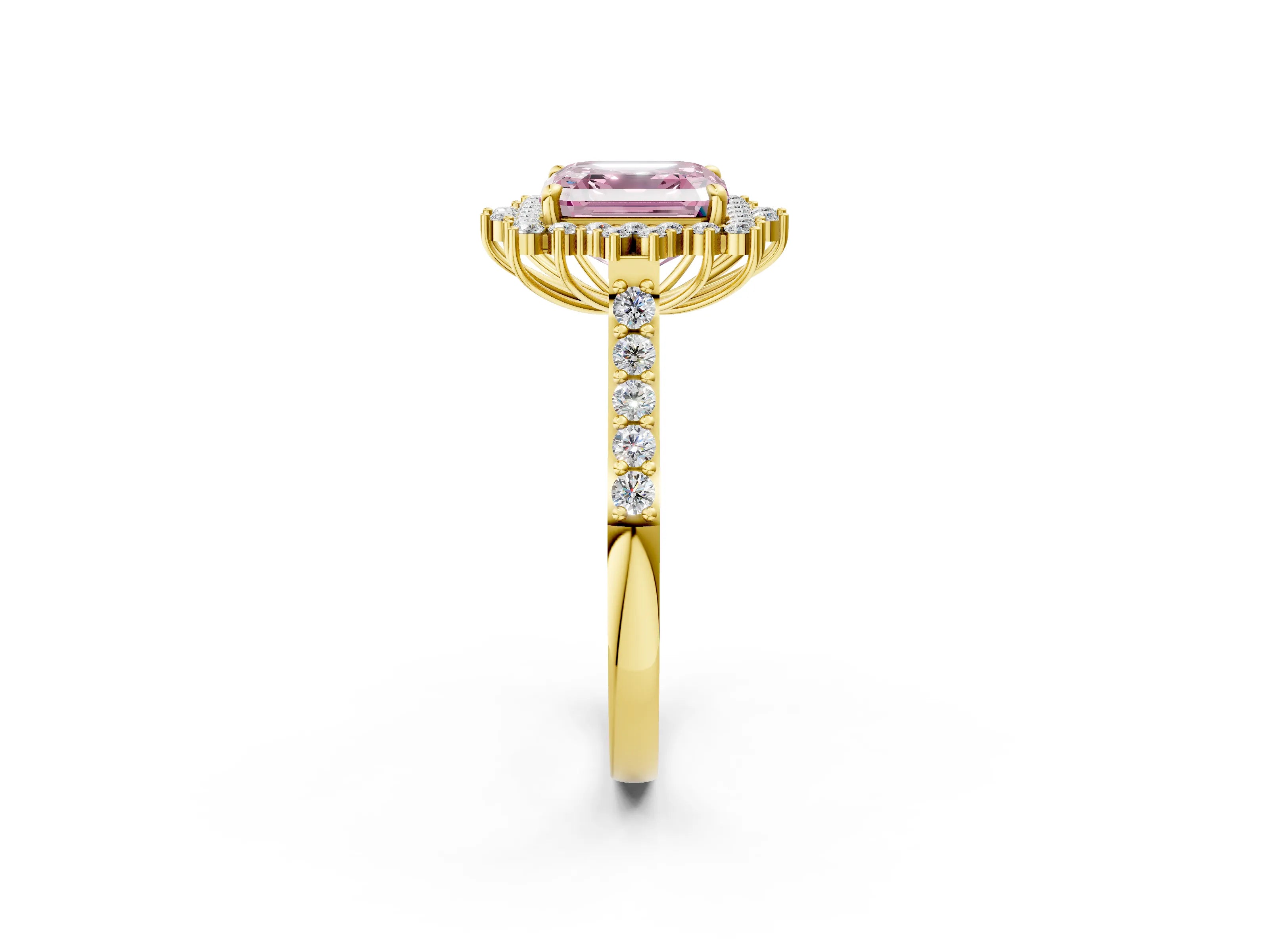 Yellow gold Fancy Pink Asscher Cut Cut Diamond Sunburst Halo Engagement Ring with Pavé Band_2