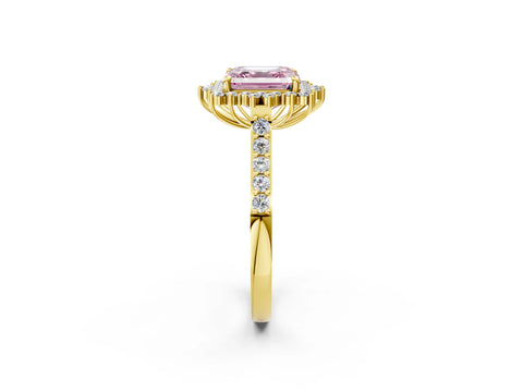 Yellow gold Fancy Pink Asscher Cut Cut Diamond Sunburst Halo Engagement Ring with Pavé Band_2