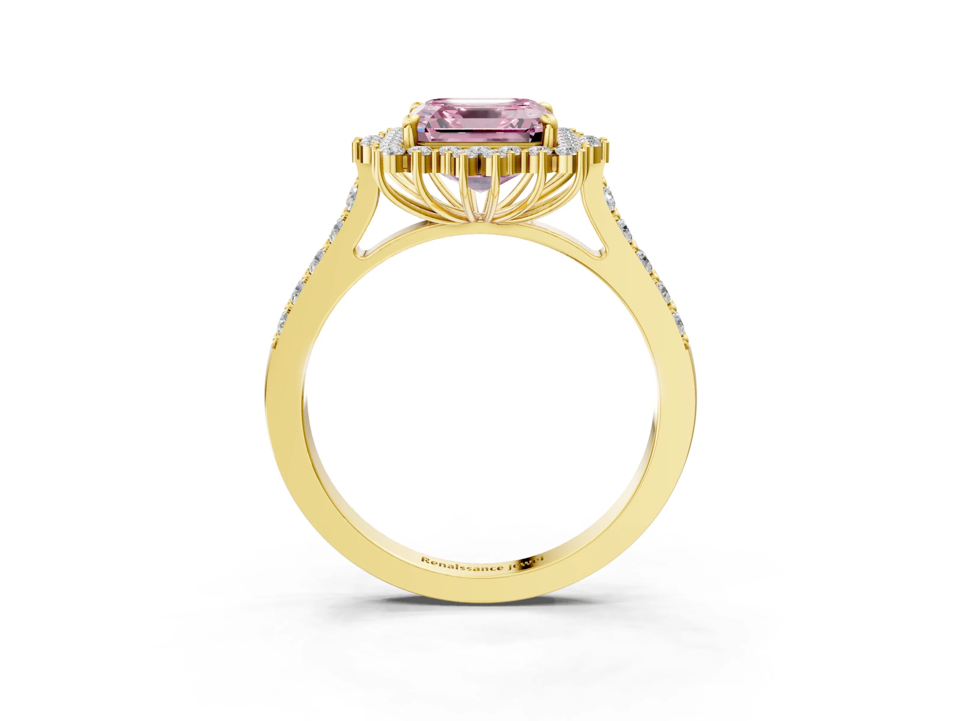 Yellow gold Fancy Pink Asscher Cut Cut Diamond Sunburst Halo Engagement Ring with Pavé Band_3