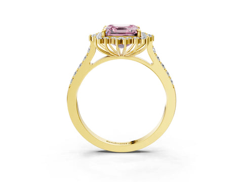 Yellow gold Fancy Pink Asscher Cut Cut Diamond Sunburst Halo Engagement Ring with Pavé Band_3