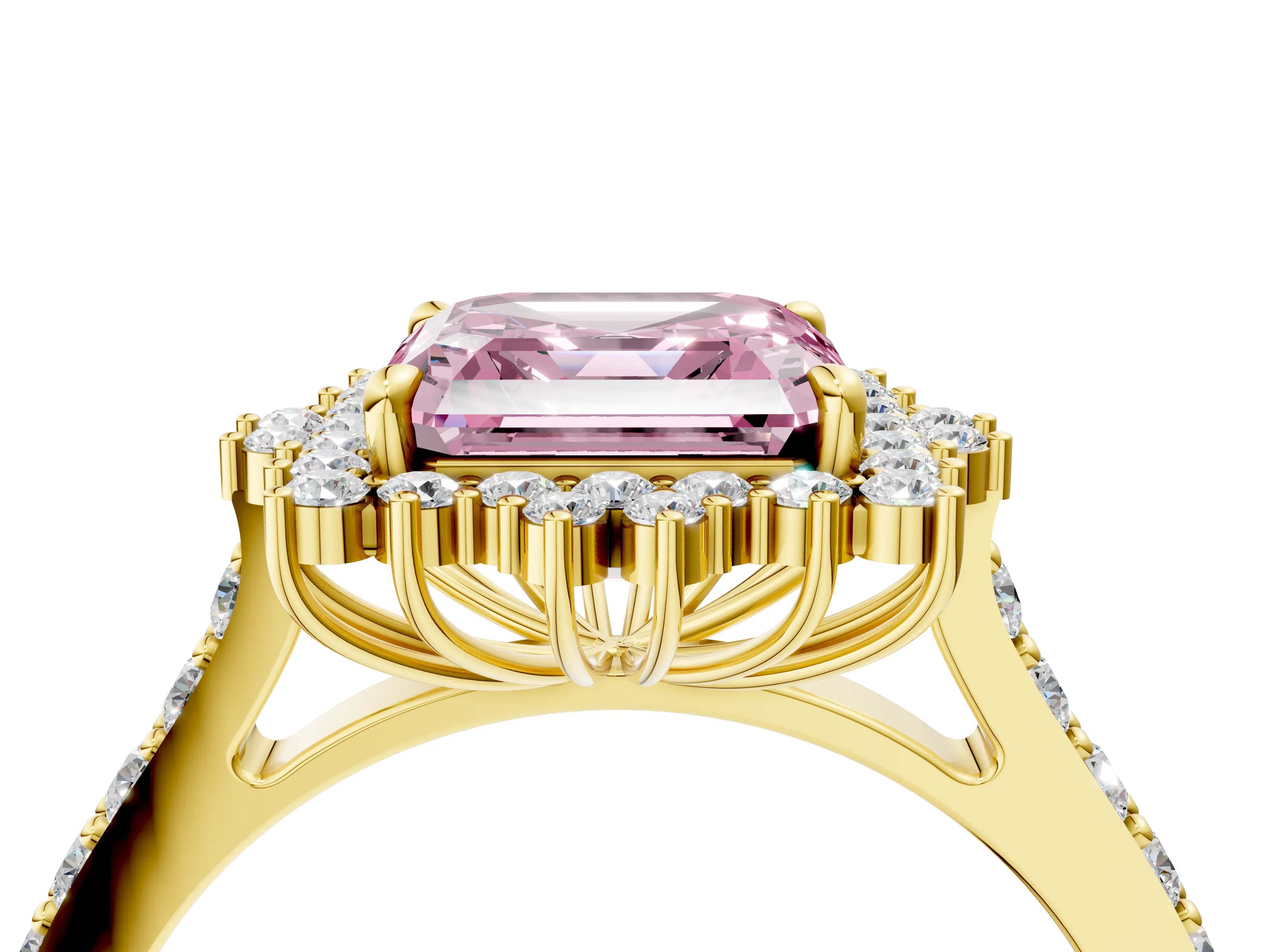 Yellow gold Fancy Pink Asscher Cut Cut Diamond Sunburst Halo Engagement Ring with Pavé Band_4