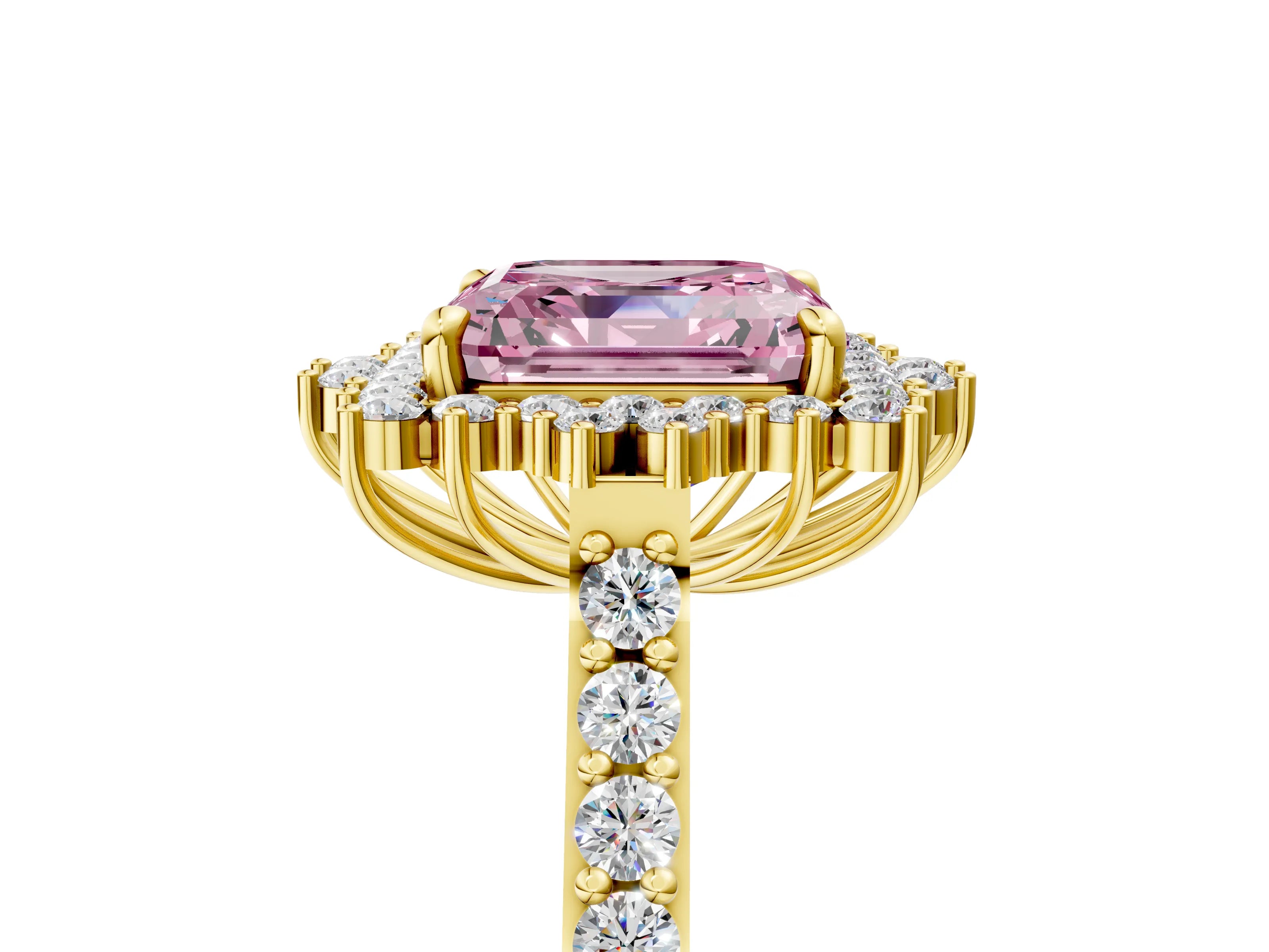 Yellow gold Fancy Pink Asscher Cut Cut Diamond Sunburst Halo Engagement Ring with Pavé Band_5